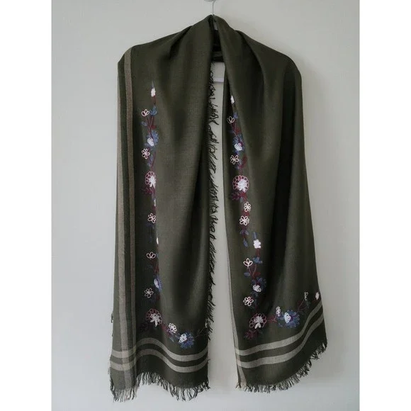 Isa & Stef Womens Embroidered Scarf Wrap Viscose Military Green Fringe 24"x74" - Picture 2 of 8